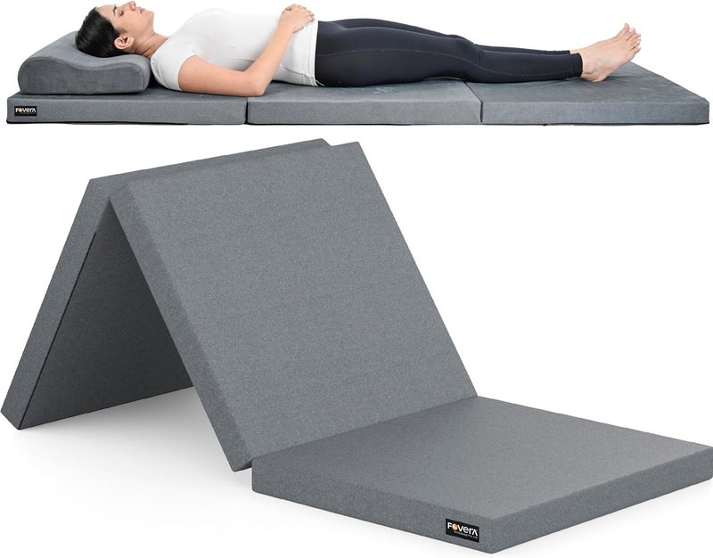 FOVERA Tri-Fold Mattress - Folding Foam Mattress - High Resilience Foam - 190 x 71 x 6.4 cm - Medium Firm - Removable Cover - Grey - Image 1